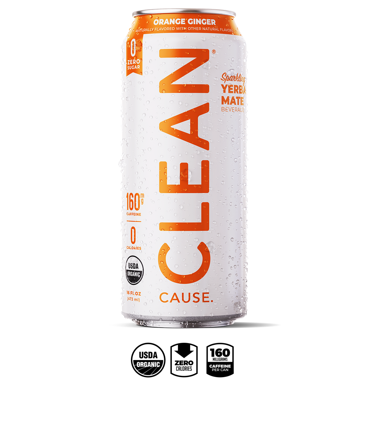 A can of Orange Ginger Zero Sugar CLEAN on a white background with the highlighted features below it. The highlighted features are USDA organic, low calories 30, 160mg caffeine per can.