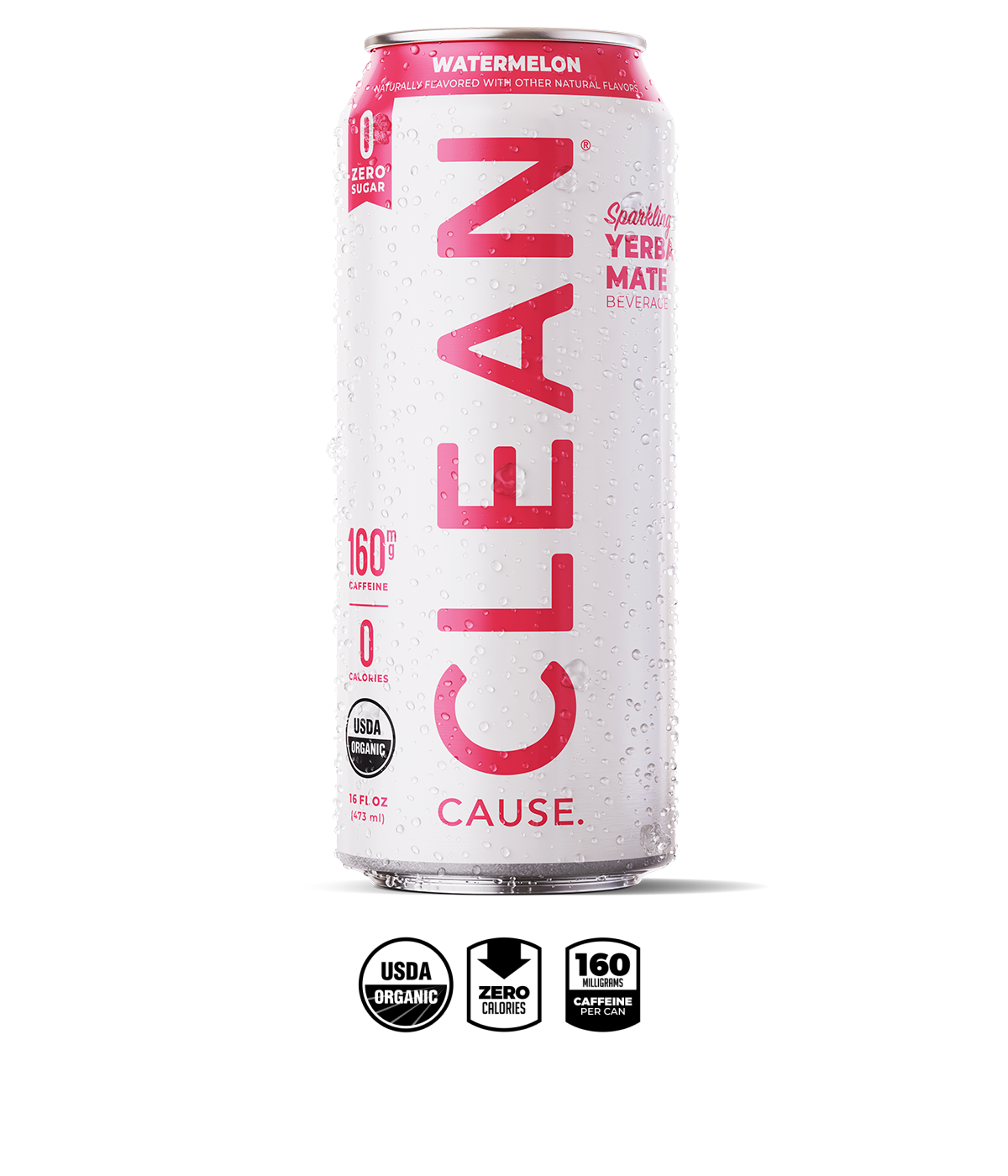 A can of Watermelon Zero Sugar CLEAN on a white background with the highlighted features below it. The highlighted features are USDA organic, zero calories, 160mg caffeine per can.