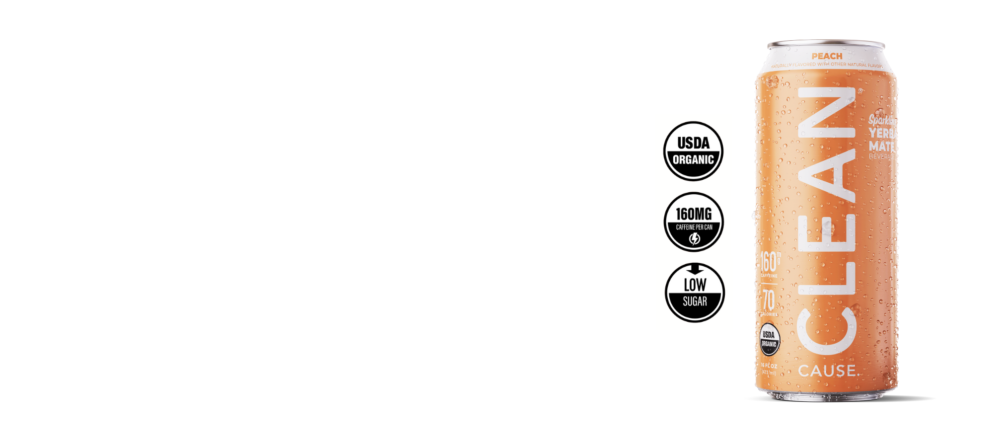 A can of CLEAN Cause Peach with the labels USDA Organic, 160mg of caffeine, and low sugar