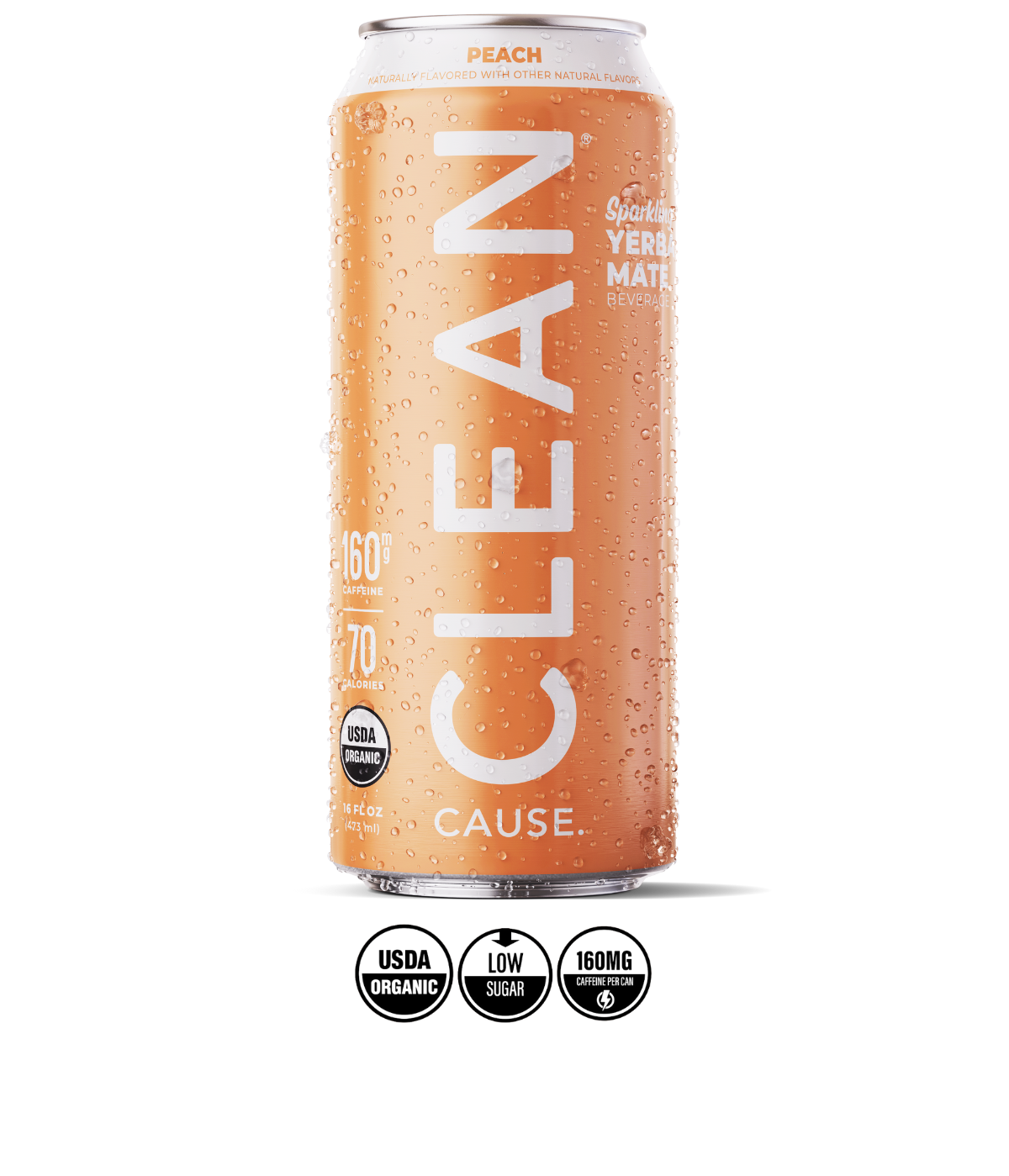 A can of CLEAN Cause Peach with the labels USDA Organic, 160mg of caffeine, and low sugar