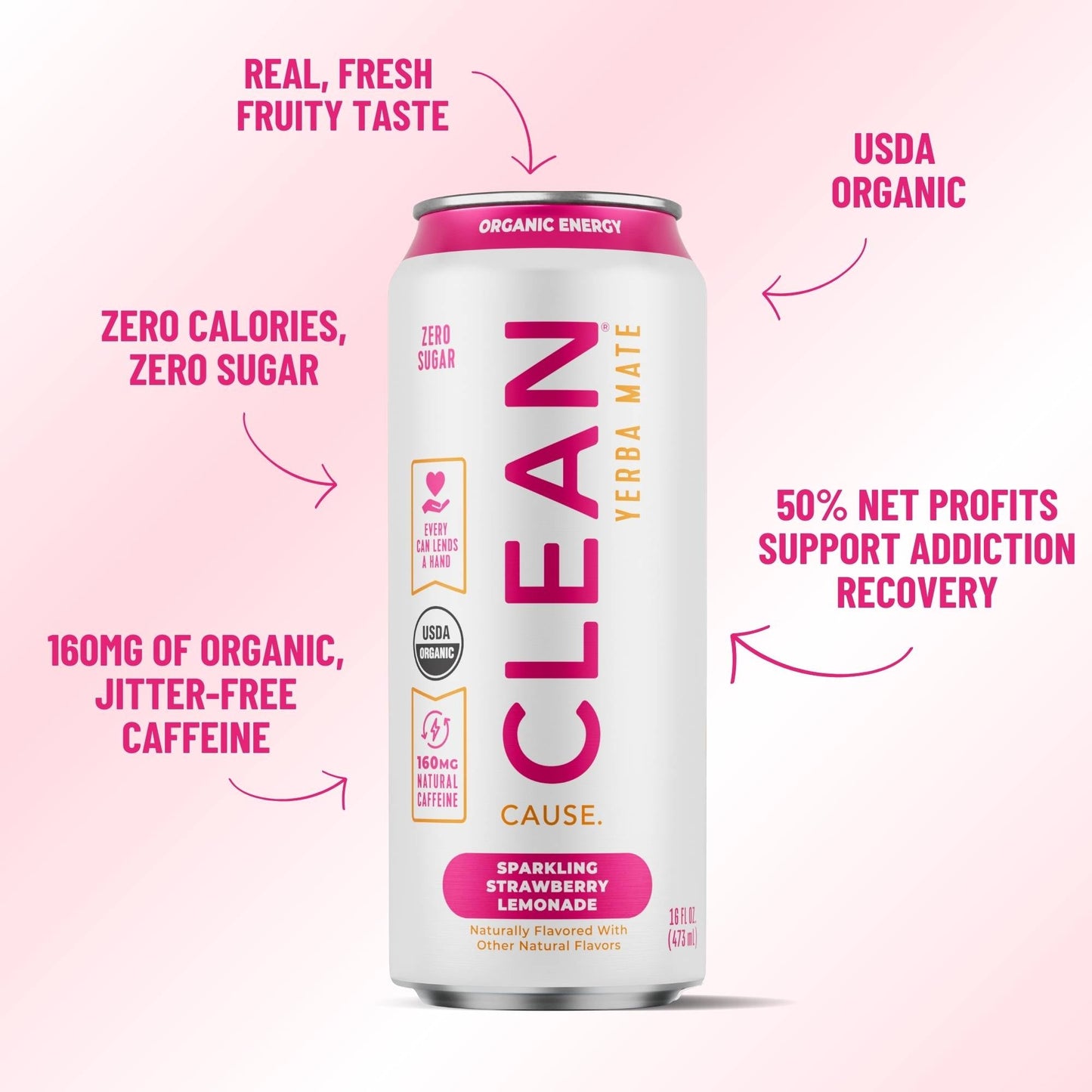 Strawberry Lemonade Zero Calorie Organic Sparkling Yerba Mate - CLEAN CAUSE