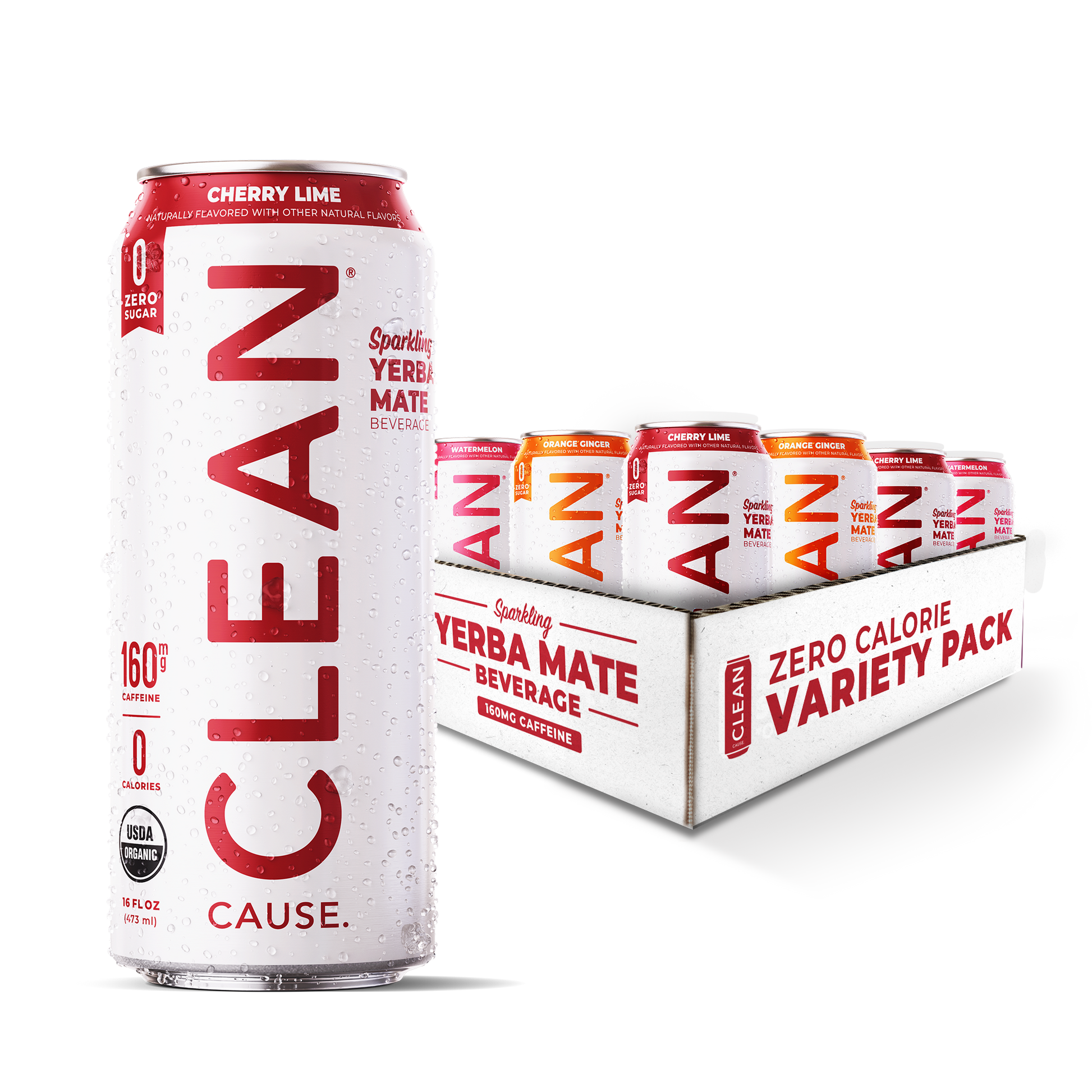 A cherry lime zero sugar CLEAN can in the foreground with a twelve pack of zero sugar variety pack in the background
