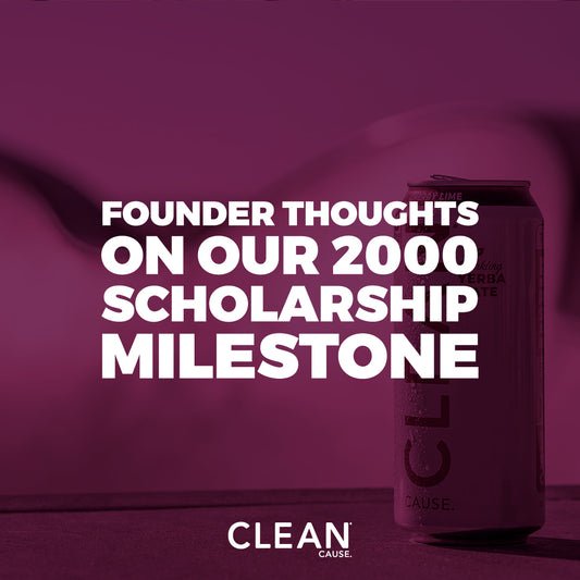 Left side of image dark purple background with white text that reads "2000 Scholarships, representing $1,000,000 and counting", on the right side of the image is a horizontal can of Clean Cause Yerba Mate Blackberry with hashtag below "1MCLEAN". 