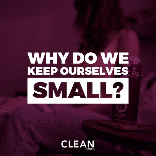 Dark purple background with white text overlay reads "Taking up space in sobriety: Why do we keep ourselves small".
