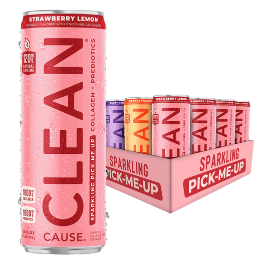 One can of Strawberry Sparkling Pick-Me-Up with a variety pack of CLEAN Cause Sparkling Pick-Me-Up Variety Pack