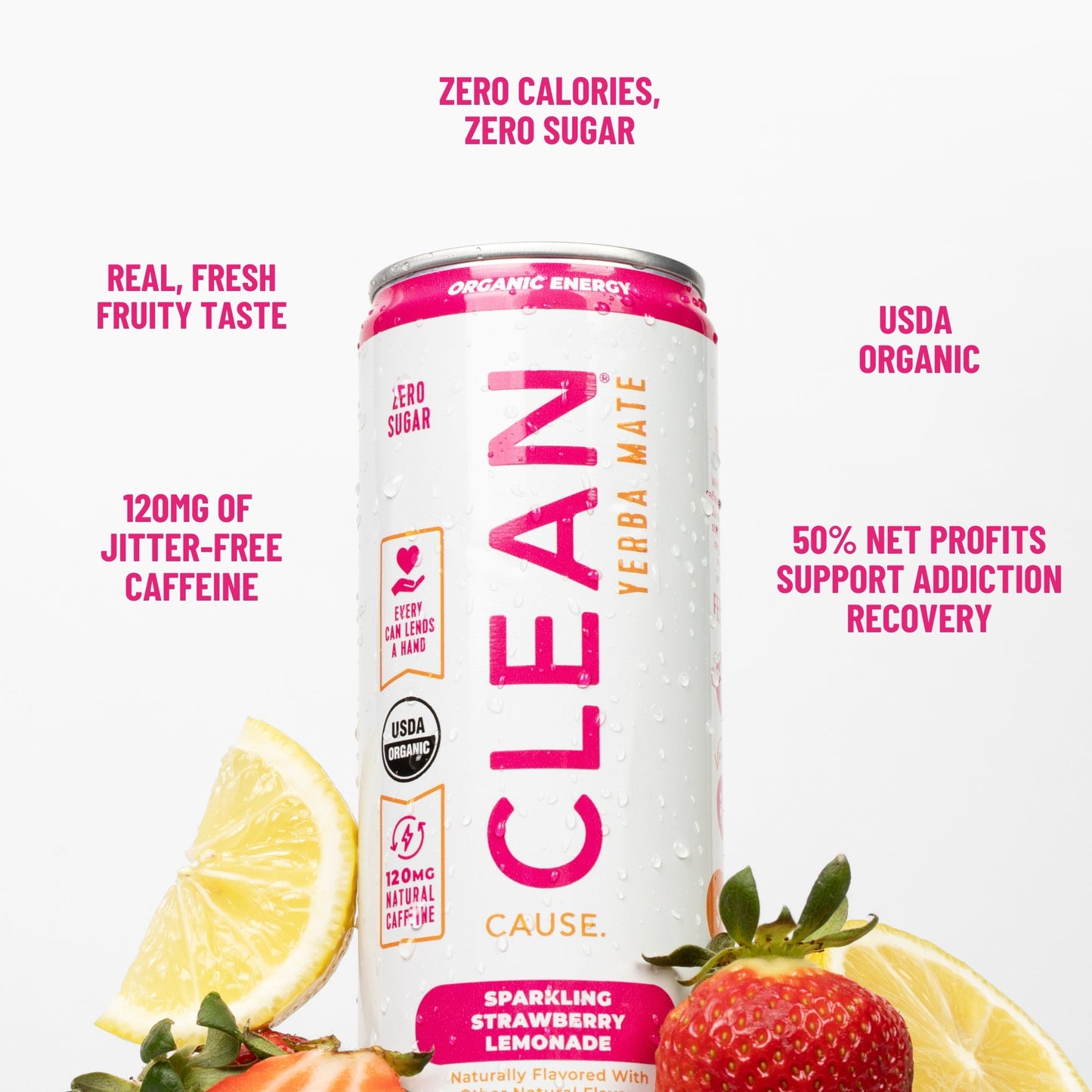 12oz Strawberry Lemonade Zero Calorie Organic Sparkling Yerba Mate - CLEAN Cause