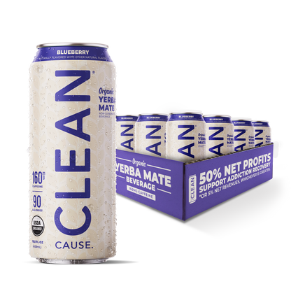 One can of Blueberry non-carbonated yerba mate in front of a 12 pack of the same flavor