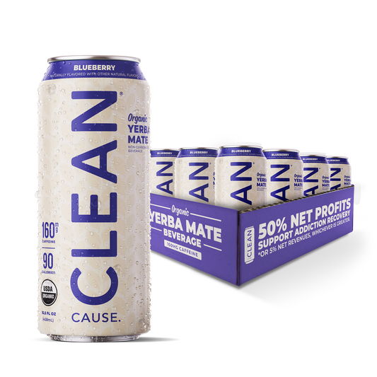 One can of Blueberry non-carbonated yerba mate in front of a 12 pack of the same flavor
