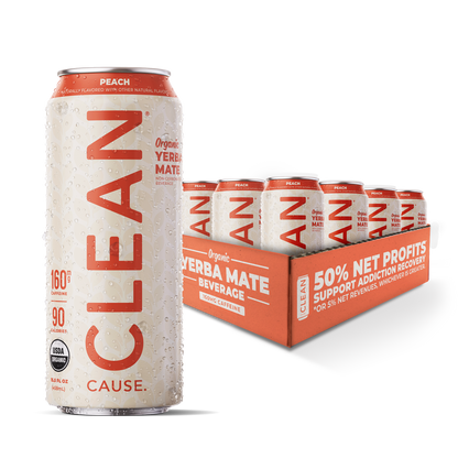 A single can of Peach Non-carbonated CLEAN Cause in front of a 12-pack of the same flavor