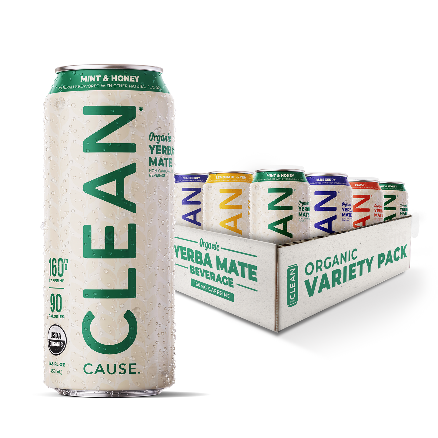 A Mint and Honey Non-Sparkling CLEAN Cause can in front of a 12 variety pack of the four non-carbonated flavors.