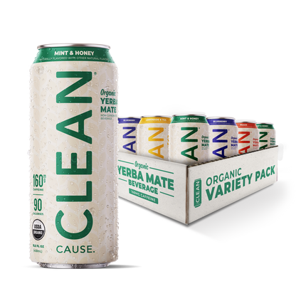 A Mint and Honey Non-Sparkling CLEAN Cause can in front of a 12 variety pack of the four non-carbonated flavors.