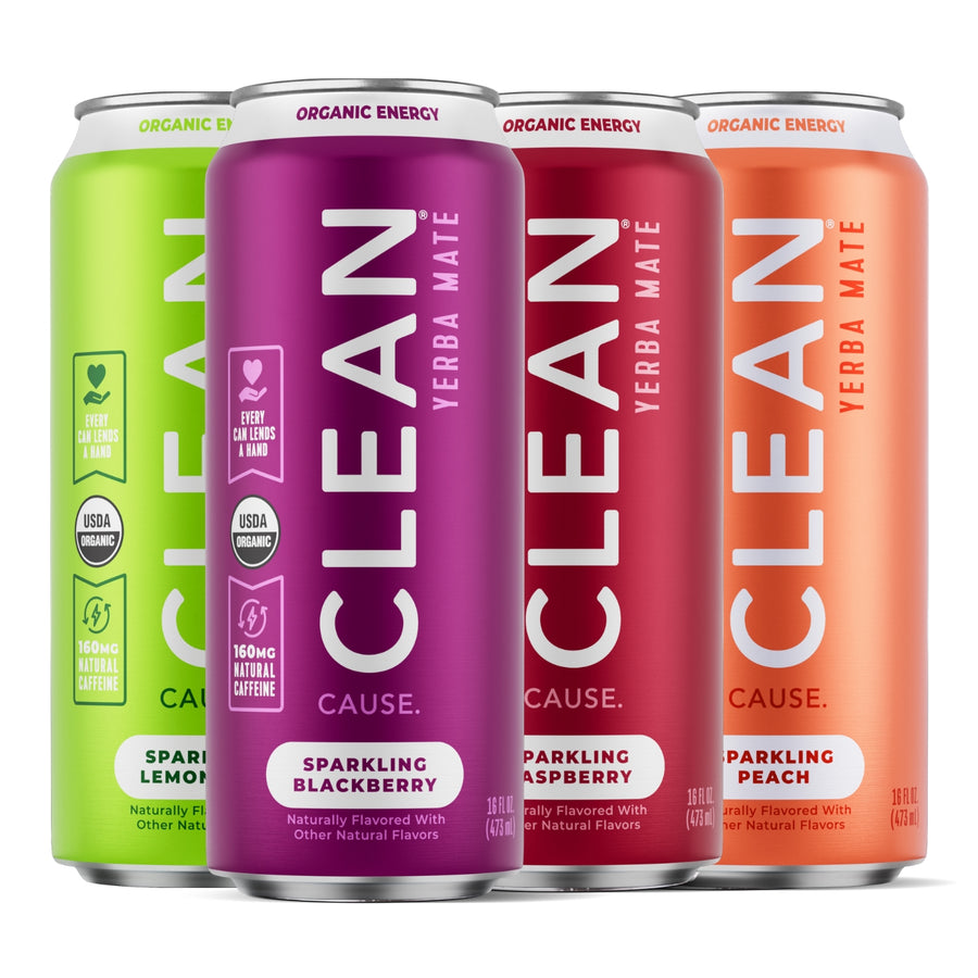 Four colorful cans of CLEAN Yerba Mate sparkling energy drinks on a white background.