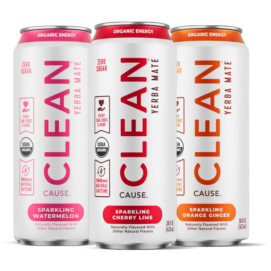 Three cans of CLEAN Yerba Mate with different flavors on a white background