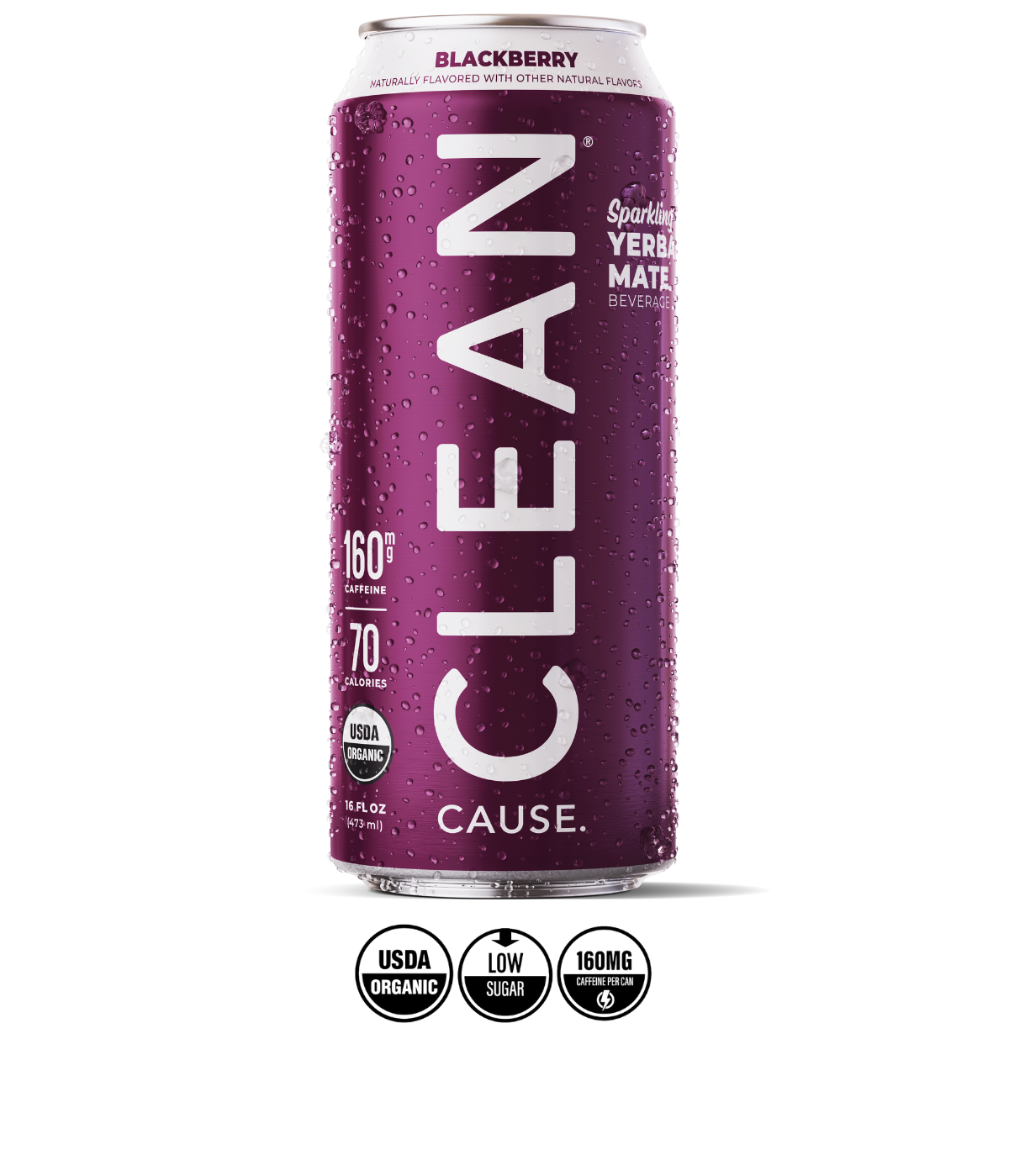A can of CLEAN Cause Blackberry with the labels USDA Organic, 160mg of caffeine, and low sugar