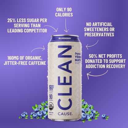 A can of CLEAN Cause Blueberry with little attributes circling it: 160mg of organic jitter-free caffeine, 25% less sugar than competitors, only 90 calories, no artificial sweetners or preservatives, 50% net profits support addiction recovery