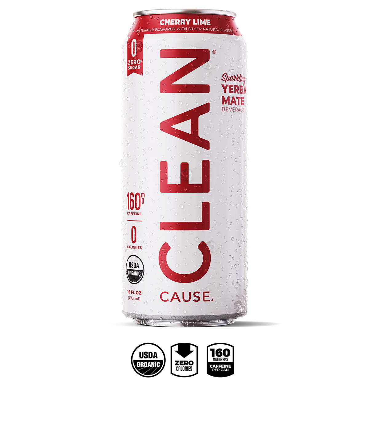 A can of Cherry Lime Zero Sugar CLEAN on a white background with the highlighted features below it. The highlighted features are USDA organic, low calories 30, 160mg caffeine per can.