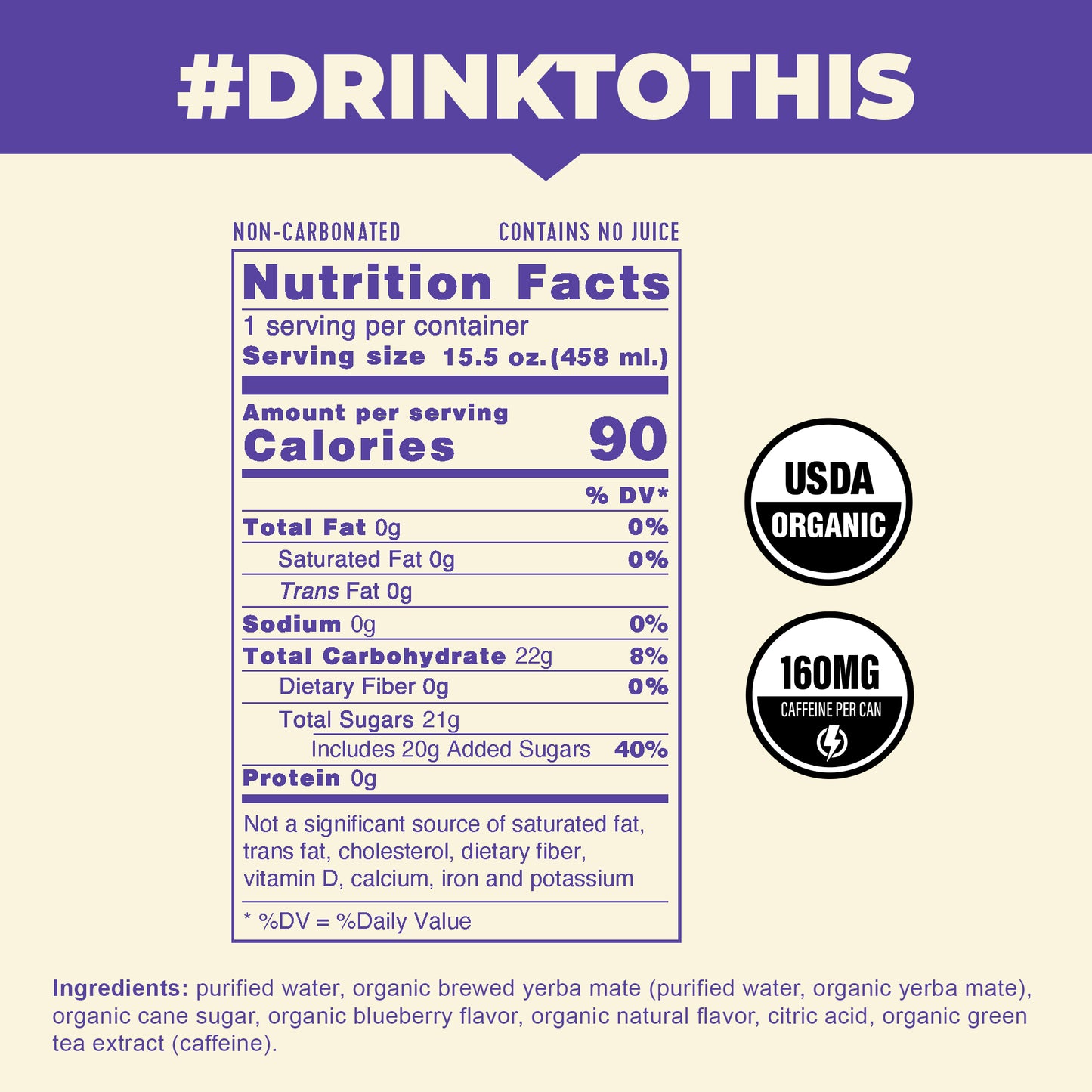 The nutrition label for a can of CLEAN Cause Non-Carbonated Blueberry
