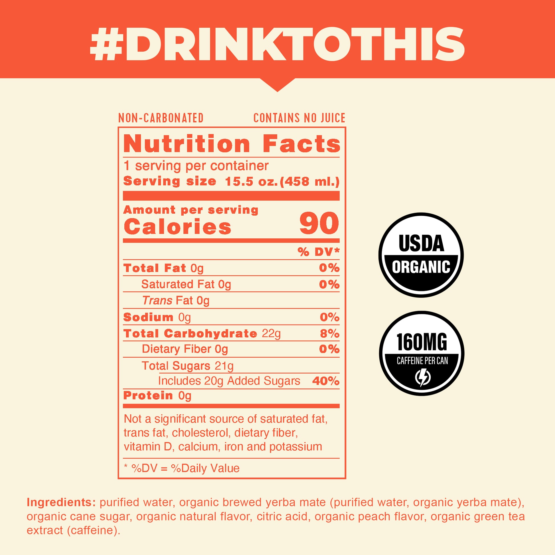 The nutrition label for one can of CLEAN Cause Non-Carbonated Peach Yerba Mate