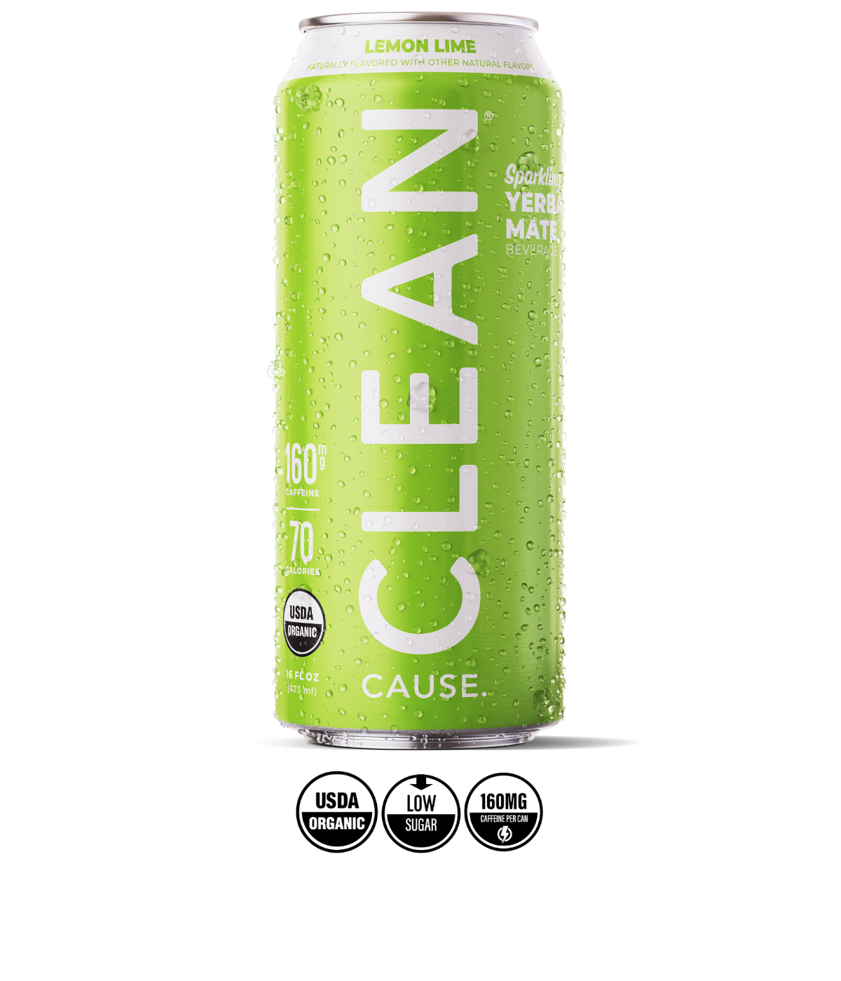 A can of CLEAN Cause Lemon Lime with the labels USDA Organic, 160mg of caffeine, and low sugar