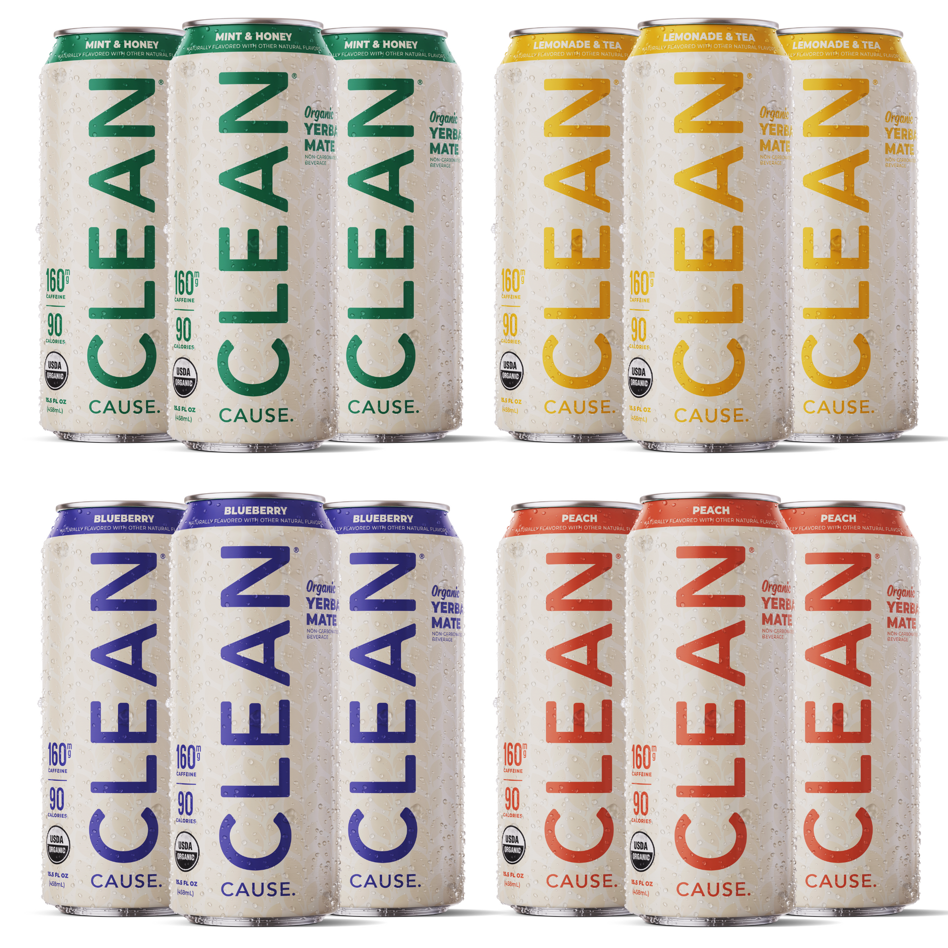 Three of each non-carbonated flavor (from top left to bottom right): Mint and Honey, Lemonade and Tea, Blueberry, Peach
