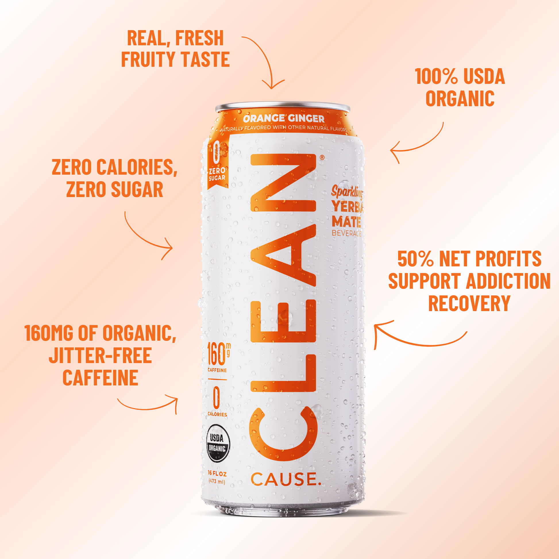 A can of CLEAN Cause Orange Ginger Yerba Mate with little attributes circling it: 160mg of organic jitter-free caffeine, zero calories zero sugar, real fresh fruity taste, 100% USDA organic, 50% net profits support addiction recovery