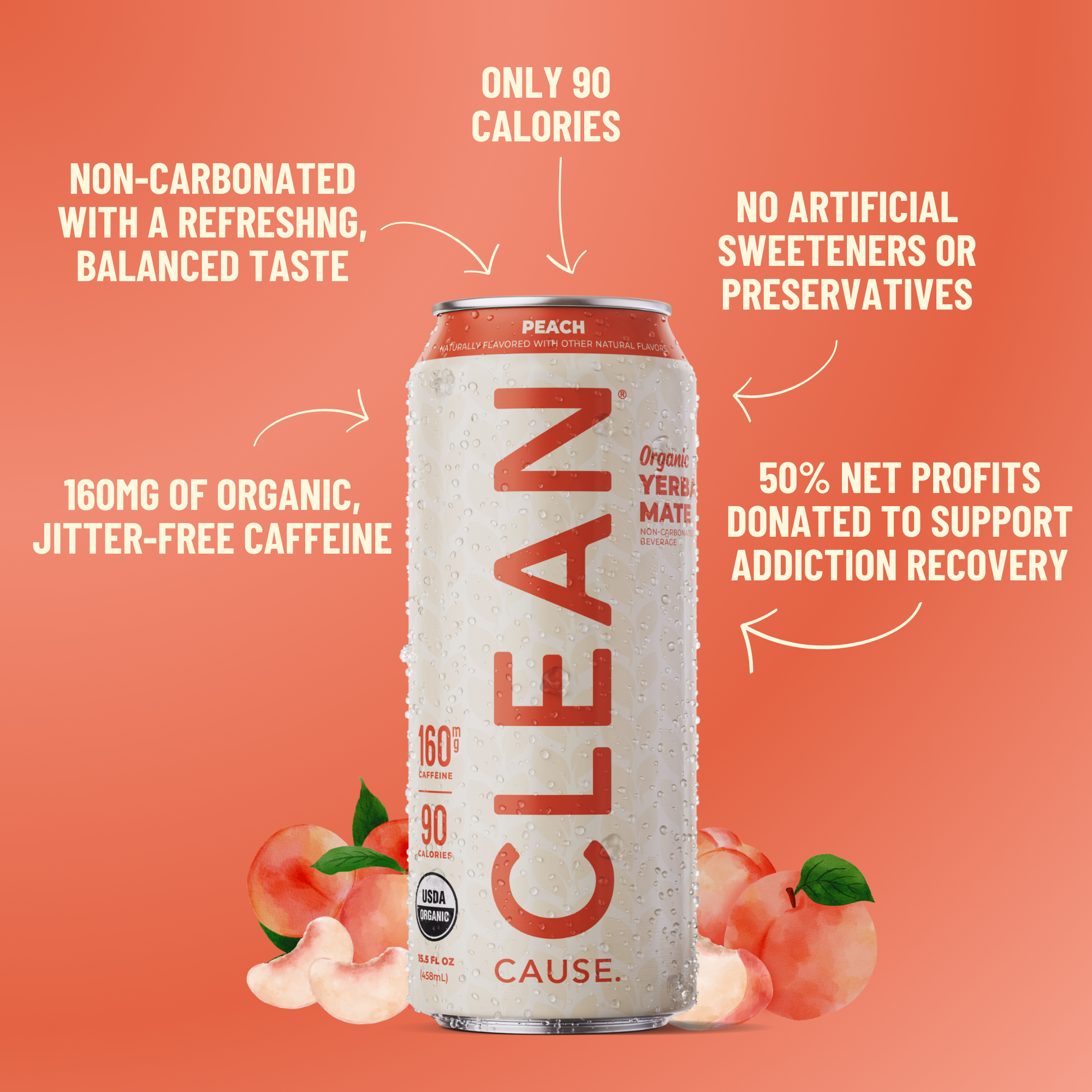A can of CLEAN Cause Non-Carbonated Peach with little attributes circling it: 160mg of organic jitter-free caffeine, only 90 calories, no artificial sweetners or preservatives, 50% net profits support addiction recovery