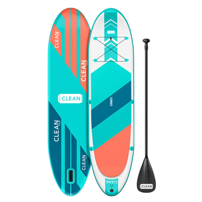 CLEAN Cause branded teal, blue, and peach paddle board
