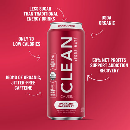 Red can of CLEAN Cause energy drink with health benefits text on a red background