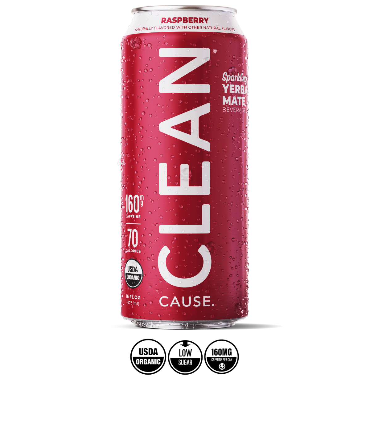 A can of CLEAN Cause Raspberry with the labels USDA Organic, 160mg of caffeine, and low sugar