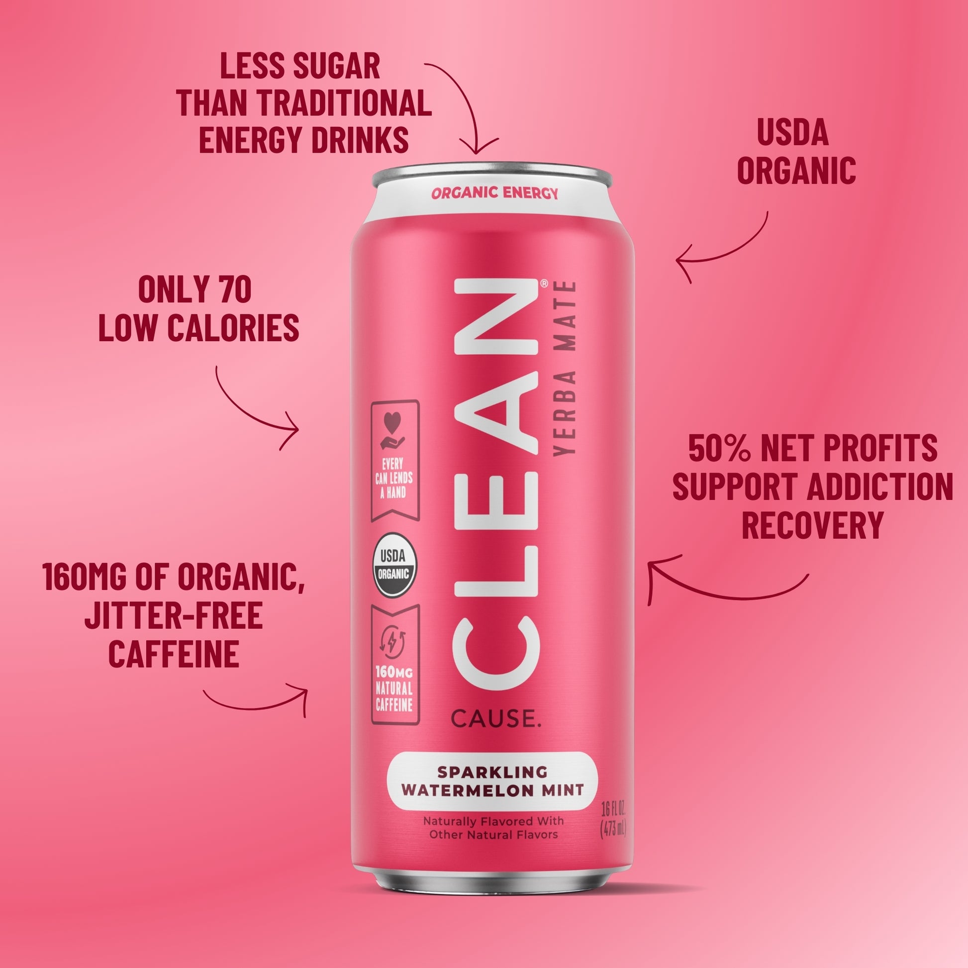 Pink can of CLEAN Sparkling Watermelon Mint on a pink background with text about health benefits.