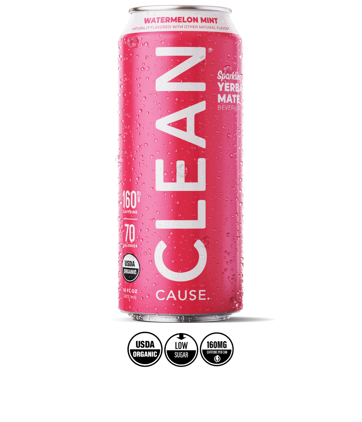 A can of CLEAN Cause Watermelon Mint with the labels USDA Organic, 160mg of caffeine, and low sugar