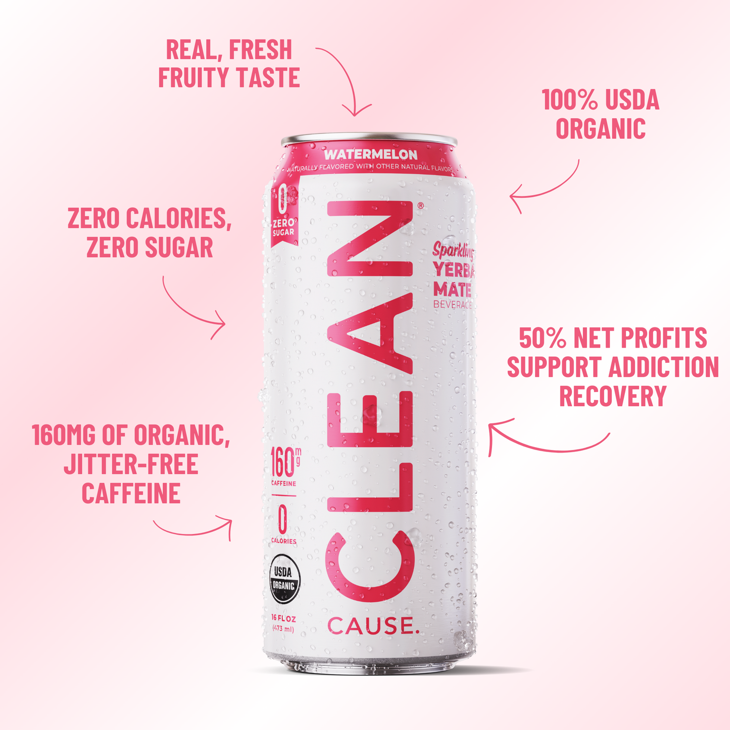 A can of CLEAN Cause Watermelon Yerba Mate with little attributes circling it: 160mg of organic jitter-free caffeine, zero calories zero sugar, real fresh fruity taste, 100% USDA organic, 50% net profits support addiction recovery
