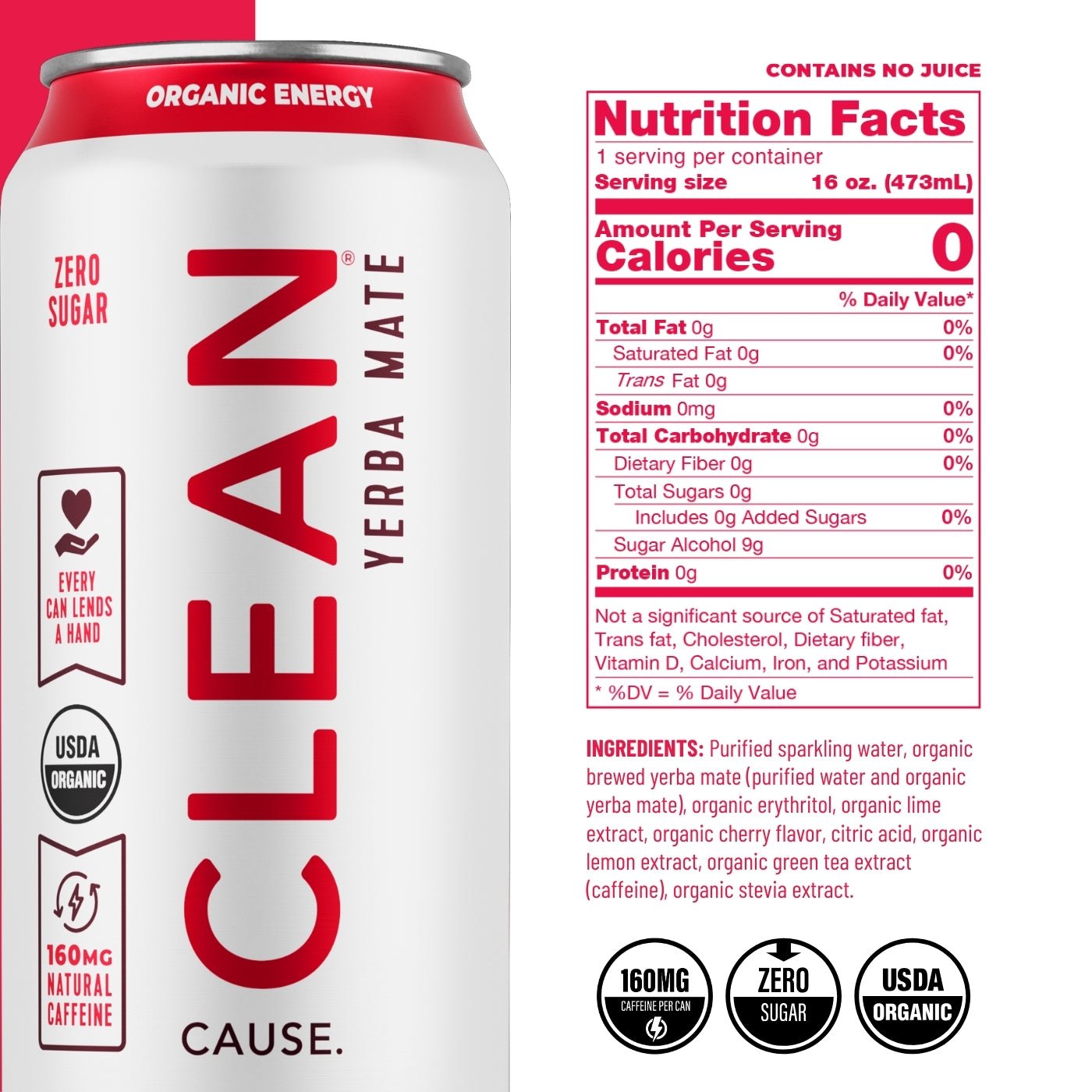 Cherry Lime Zero Calorie Sparkling Organic Yerba Mate - CLEAN Cause