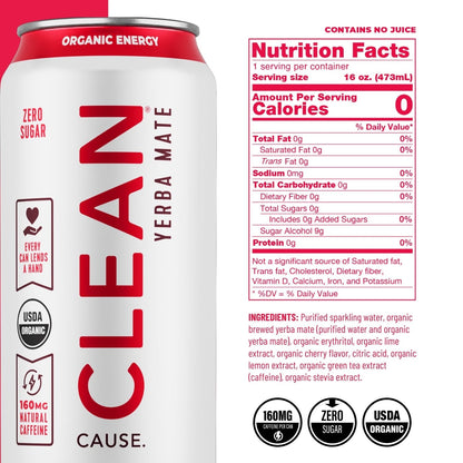 Cherry Lime Zero Calorie Sparkling Organic Yerba Mate - CLEAN Cause
