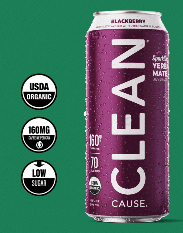 A rotation of all the CLEAN Cause Sparkling Organic Yerba Mate flavors (Blackberry, Peach, Raspberry, Lemon Lime, and Watermelon Mint)