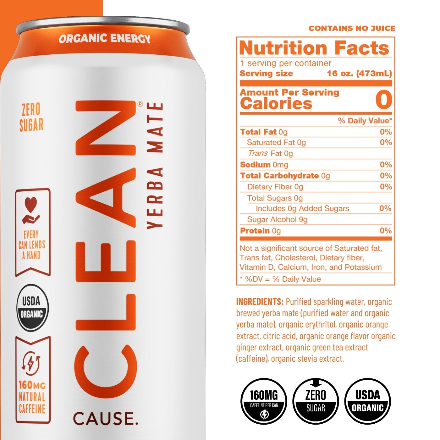 Orange Ginger Zero Calorie Organic Sparkling Yerba Mate - CLEAN Cause