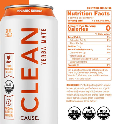 Orange Ginger Zero Calorie Organic Sparkling Yerba Mate - CLEAN Cause