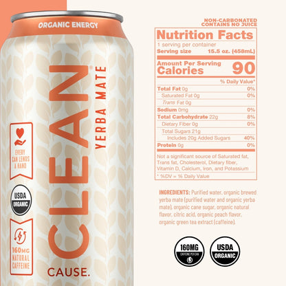 Peach Non - Carbonated Organic Yerba Mate - CLEAN Cause