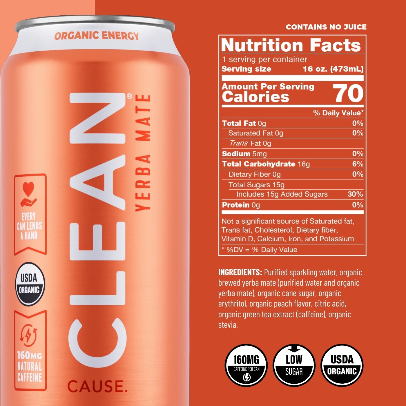 Peach Organic Sparkling Yerba Mate - CLEAN Cause