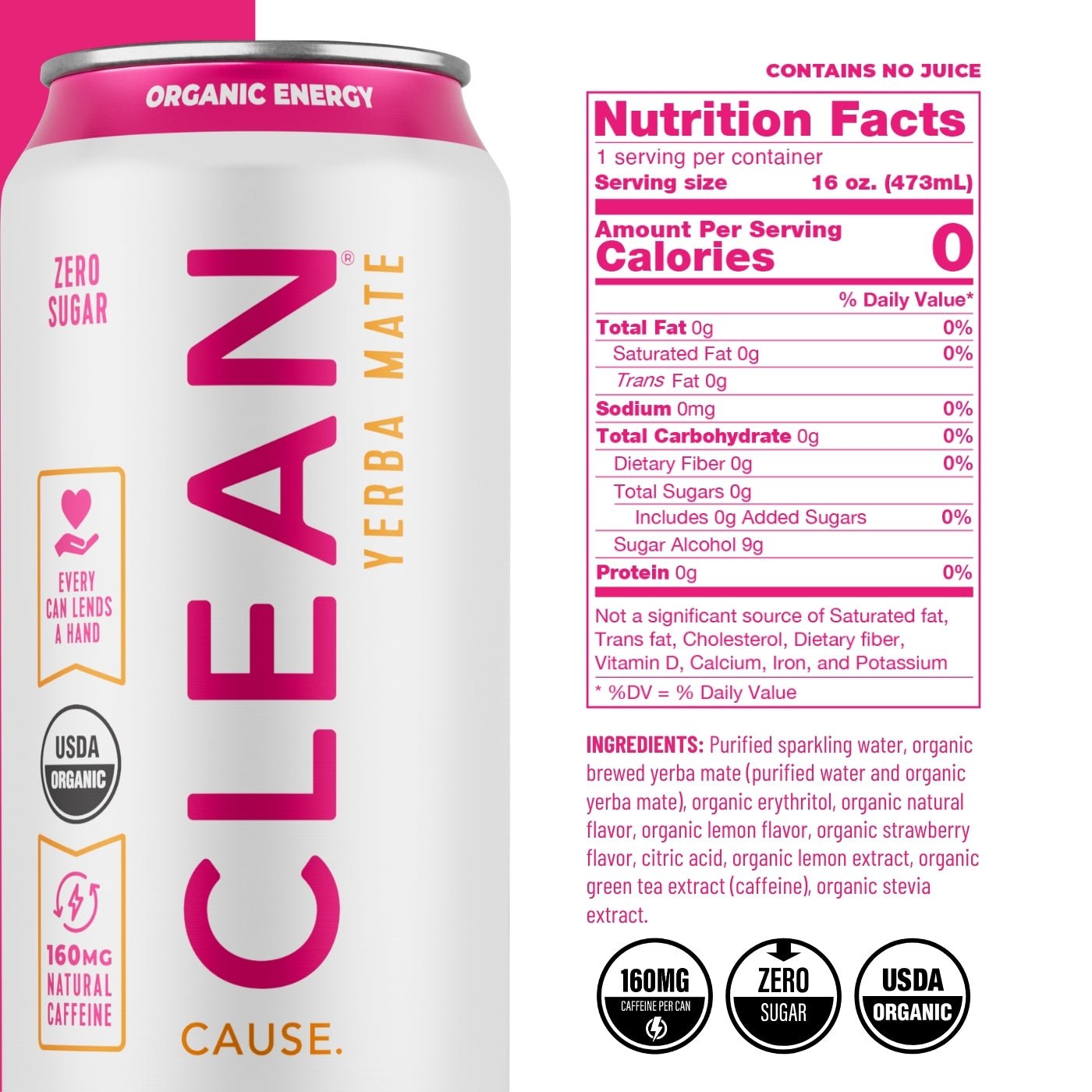 Strawberry Lemonade Zero Calorie Organic Sparkling Yerba Mate - CLEAN Cause