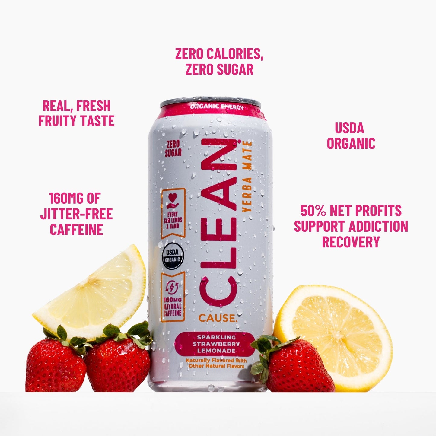 Strawberry Lemonade Zero Calorie Organic Sparkling Yerba Mate - CLEAN Cause