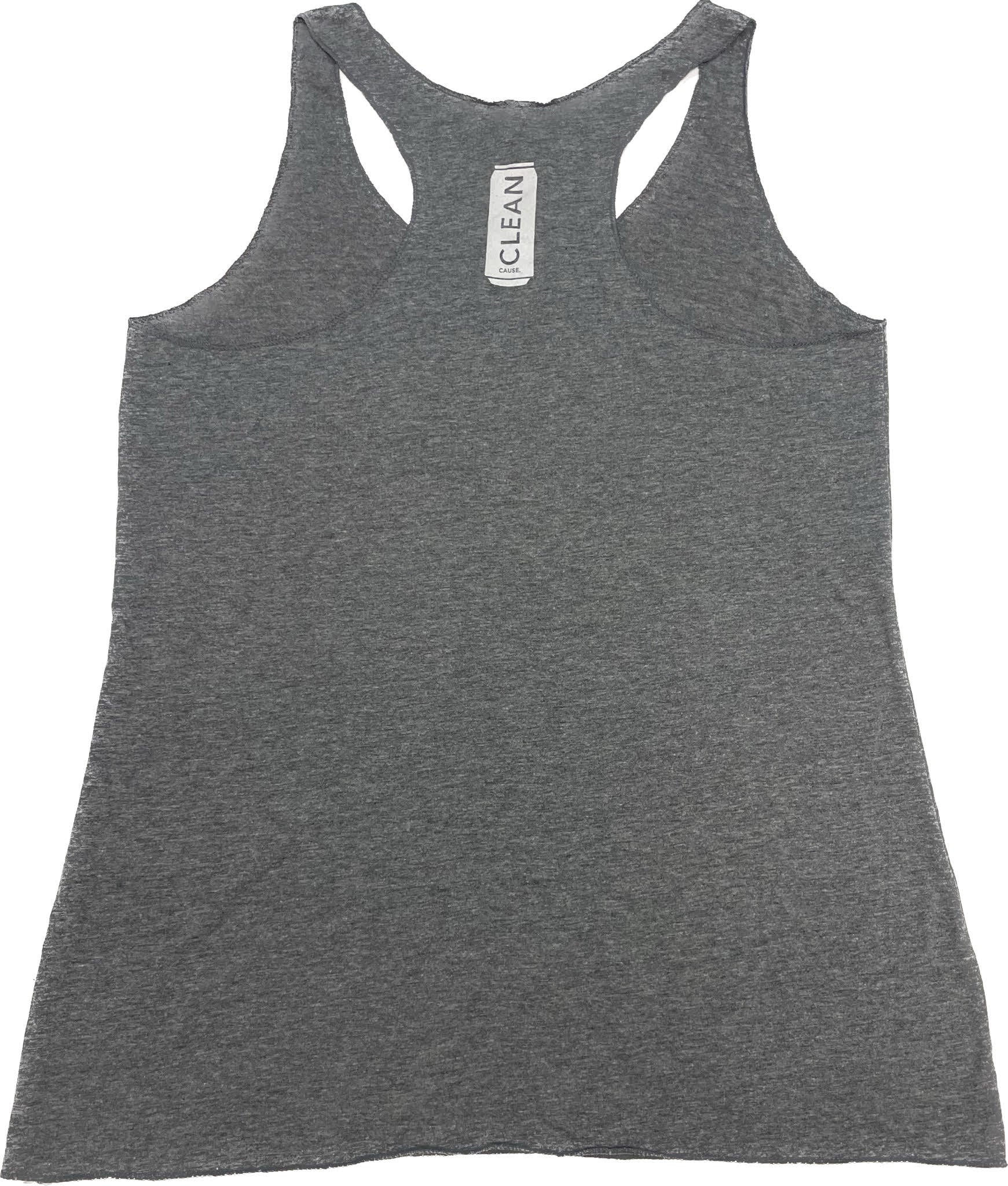 Back of grey tank top with a white CLEAN can icon on the upper middle back.
