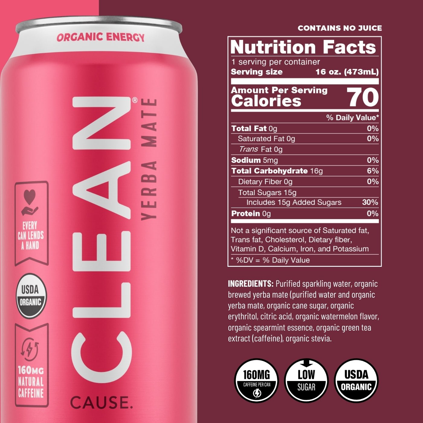Watermelon Mint Organic Sparkling Yerba Mate - CLEAN Cause