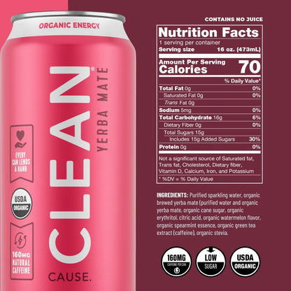 Watermelon Mint Organic Sparkling Yerba Mate - CLEAN Cause