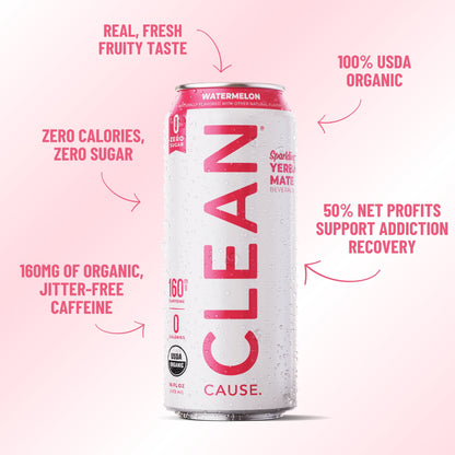 Watermelon Zero Calorie Organic Sparkling Yerba Mate - CLEAN CAUSE