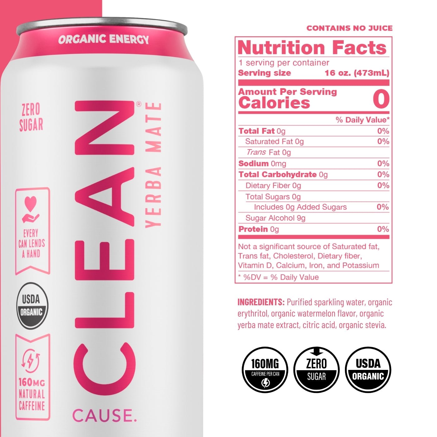 Watermelon Zero Calorie Organic Sparkling Yerba Mate - CLEAN Cause