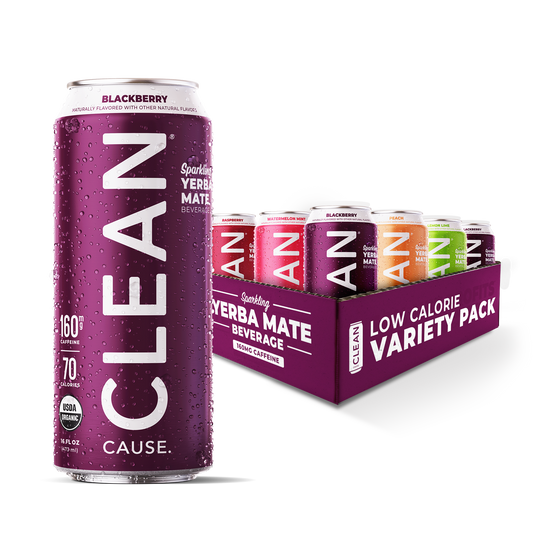 A Blackberry CLEAN Cause can in front of a 12 pack Sparkling Yerba Mate Variety Pack