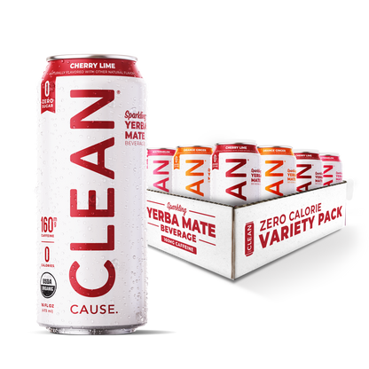 A cherry lime zero sugar CLEAN can in the foreground with a twelve pack of zero sugar variety pack in the background