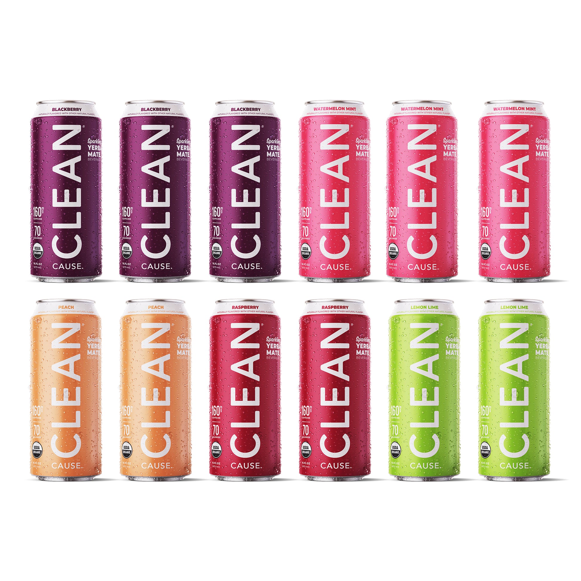 Three Blackberry, Three Watermelon Mint, Two Peach, Two Raspberry, Two Lemon Lime CLEAN Cause cans