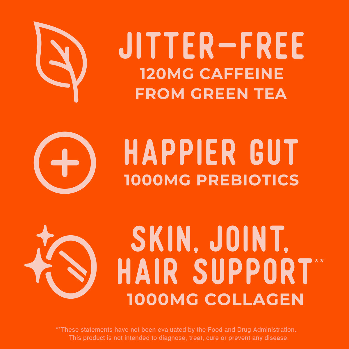 Jitter-Free 120MG Caffeine From Green Tea. Happier Gut 1000MG Prebiotics. Skin, joint, hair support** 1000MG Collagen. **These statements have not been evaluated by the FDA. This product is not intended to diagnose, treat, cure, or prevent any disease.